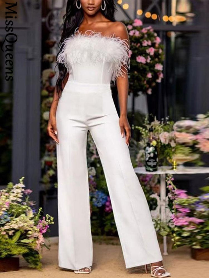 Women Sequined Feather-paneled Jumpsuit
