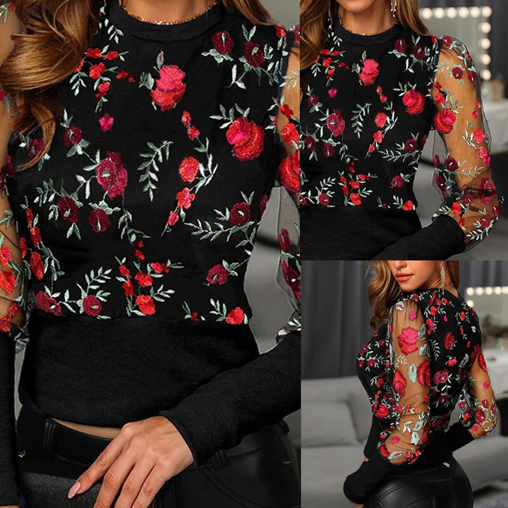 Women's Patchwork Mesh Embroidered Floral Long Sleeve Blouse
