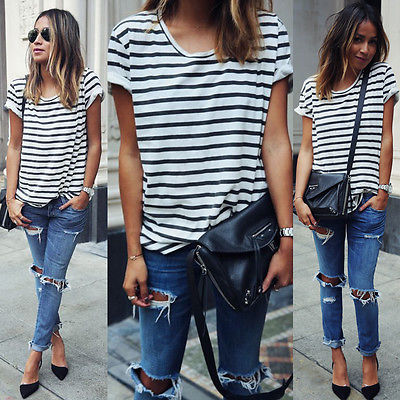 Women's Casual Short Sleeve Loose Summer Striped