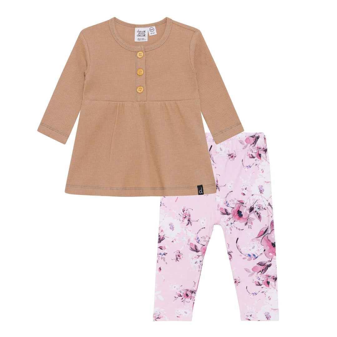 Organic Cotton Waffle Tunic and Legging Set Floral Pink and Taupe