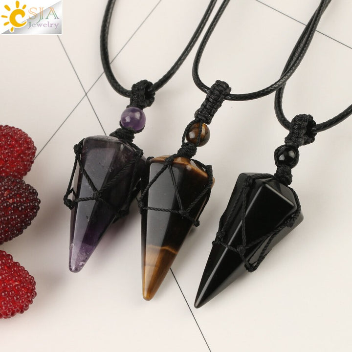 CSJA Natural Stone Cone Pendants Crystal Quartz Black Rope Wrapped Treatment Stones