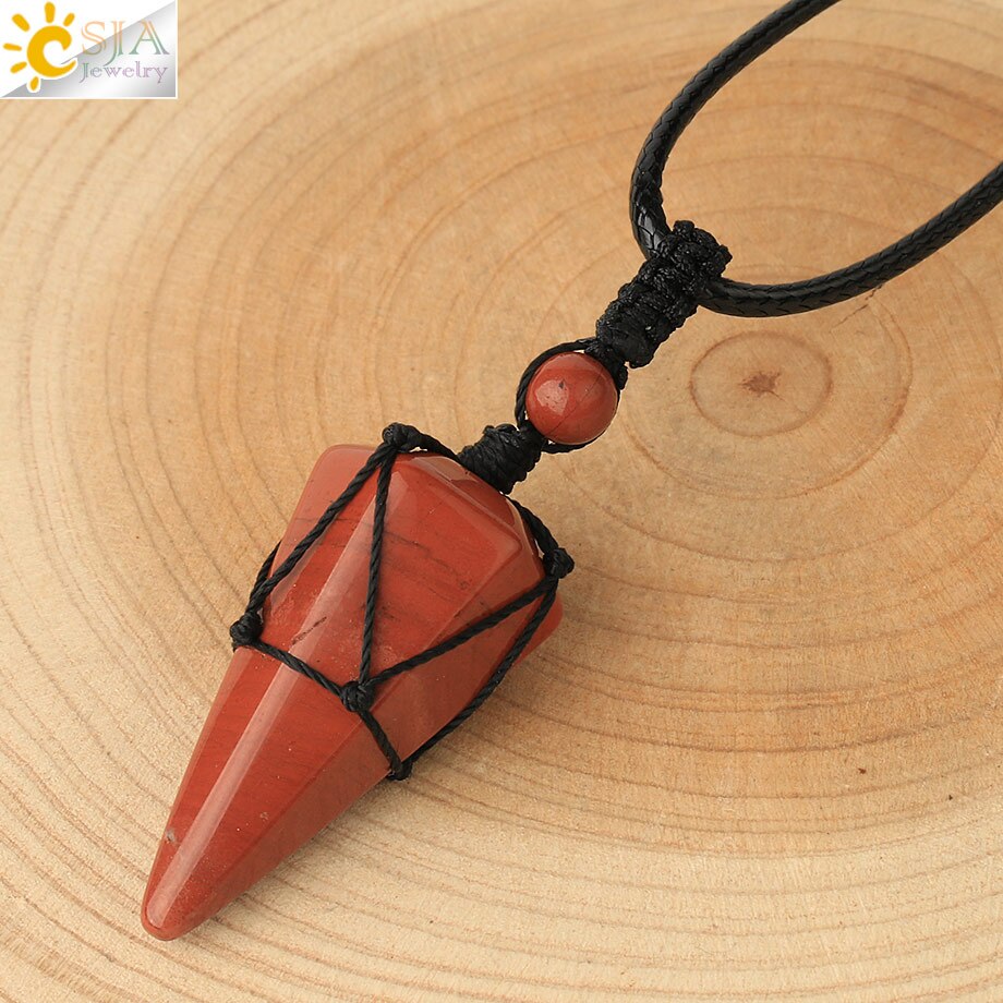 CSJA Natural Stone Cone Pendants Crystal Quartz Black Rope Wrapped Treatment Stones