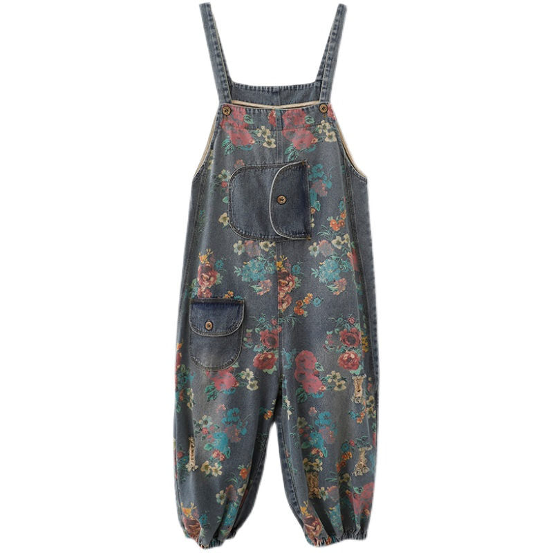Retro Printed Denim Loose-Fitting Overall