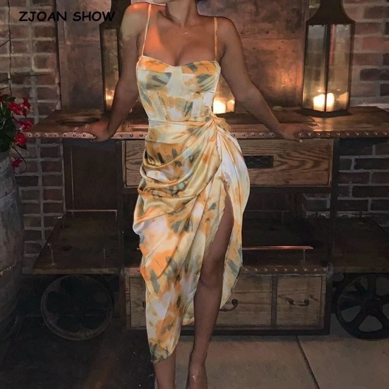 Women's Vintage Yellow Tie Dye Spaghetti Dress