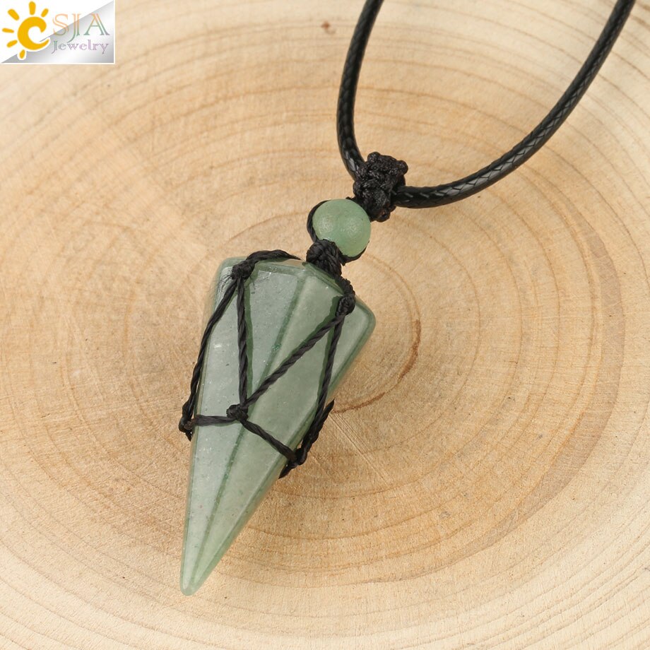 CSJA Natural Stone Cone Pendants Crystal Quartz Black Rope Wrapped Treatment Stones