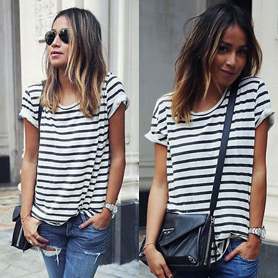 Women's Casual Short Sleeve Loose Summer Striped