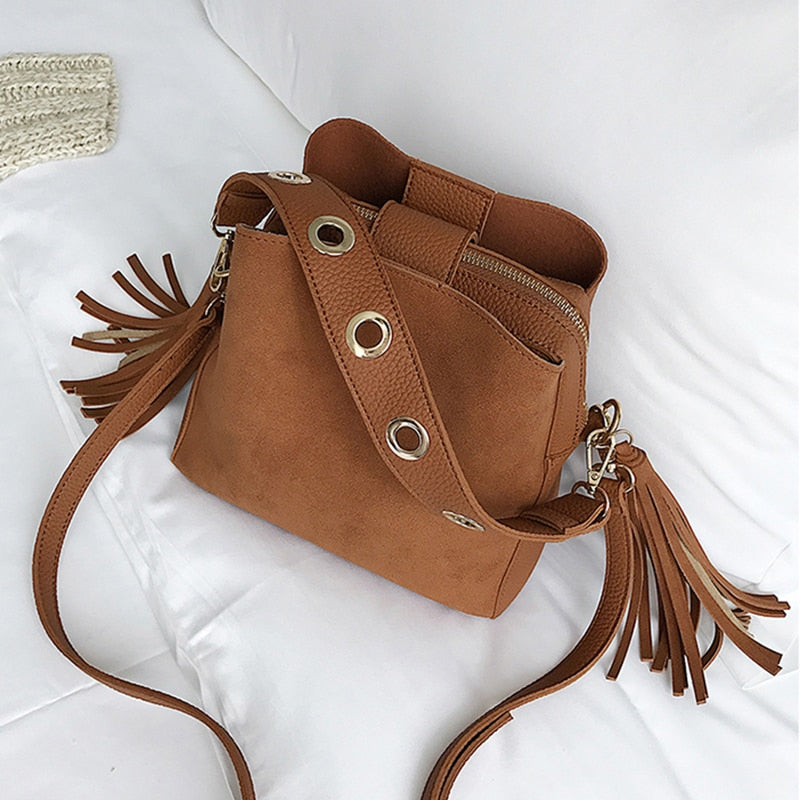 Fashion Scrub Women Bucket Bag Vintage Tassel Shoulder Bag