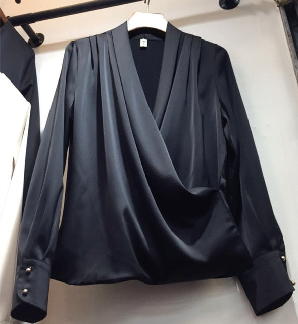 Elegant Satin Blouse Sexy V Neck  Long Sleeve