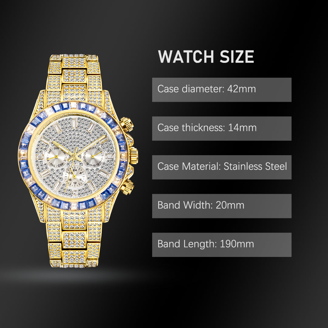 Luxury Gold Men's Watch Waterproof Stainless Steel Iced Bracelet