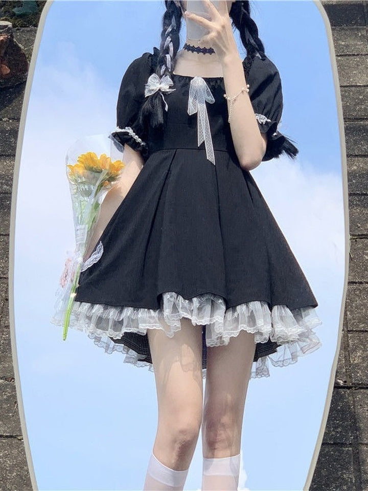 Lace Black Puff Sleeve Short Dress
