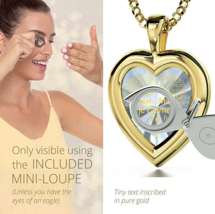 Gold Plated Silver Heart Jewelry Set I Love You Necklace in 120 Languages and Crystal Earrings