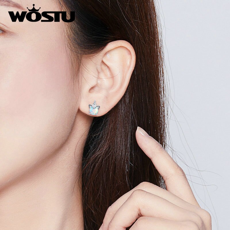 WOSTU 100% 925 Sterling Silver Unicorn Opal Stud Earrings