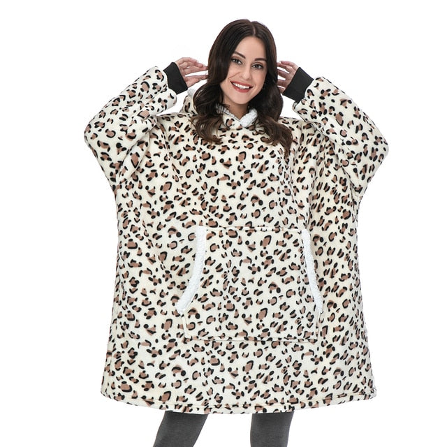 Oversized Hoodie Blanket With Sleeves Sweatshirt Plaid Winter Fleece For Women