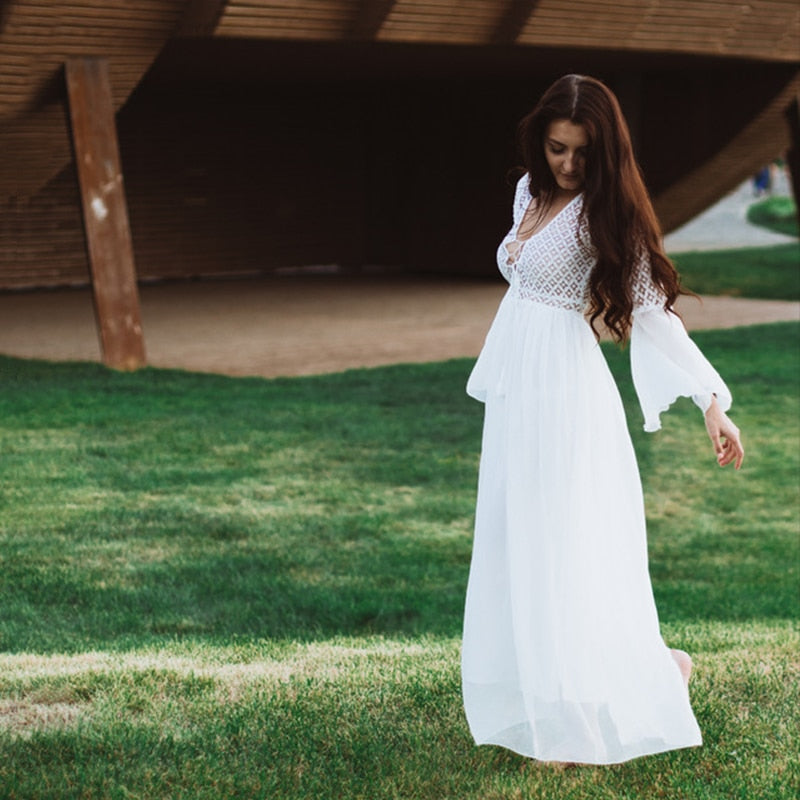 Sexy Long Sleeve White V-neck Dress