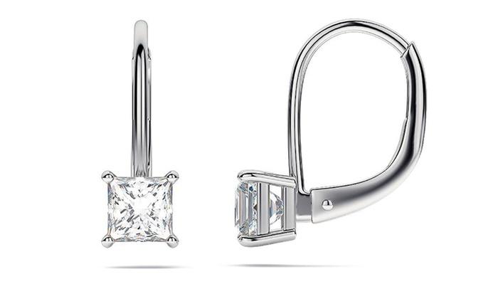 Diamond Princess Cut Leverback Earring In 18K White Gold Plated