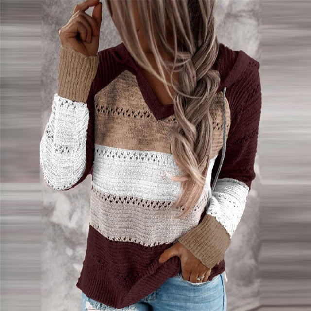 Patchwork Hooded Long Sleeve Sweater