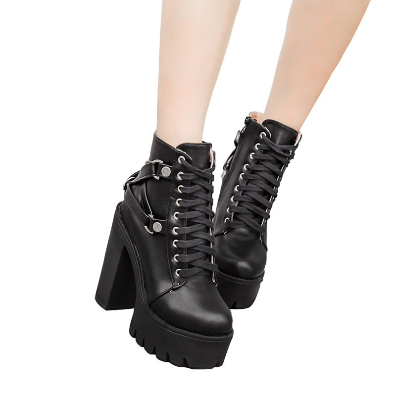 Women Black Boots Heel Lace-up