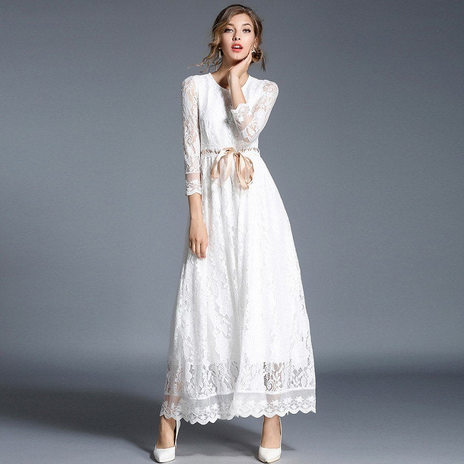 White Lace Dress with Sleeves - A Line Long Dress