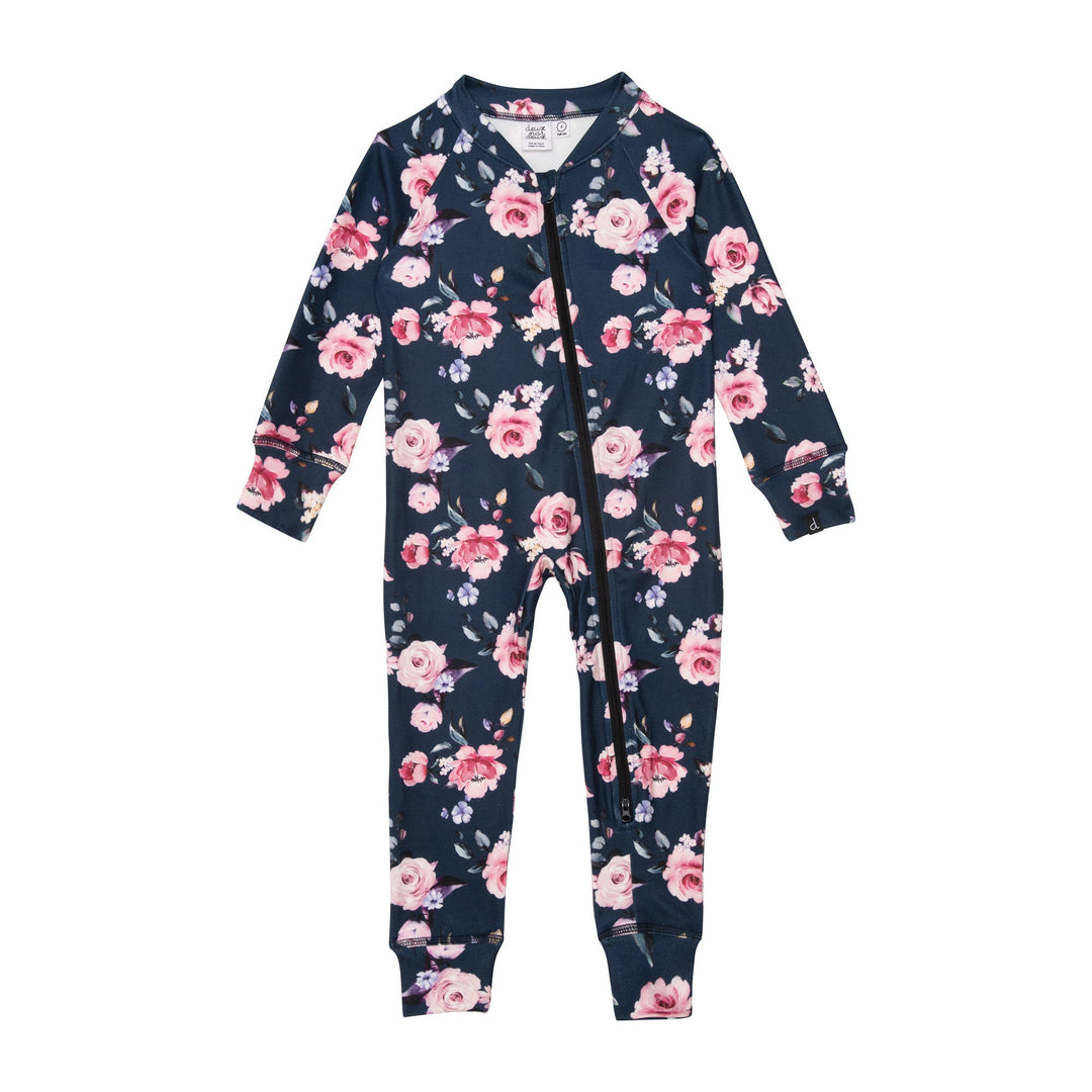 One Piece Thermal Underwear Navy With Printed Roses