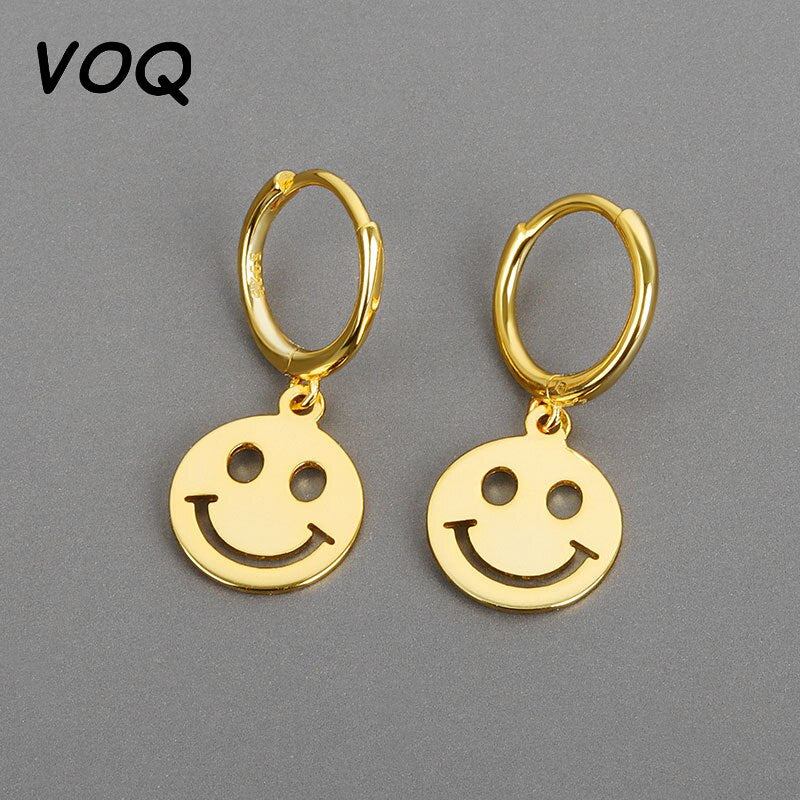 VOQ 925 Sterling Silver Smiley Face Drop Earrings for Women