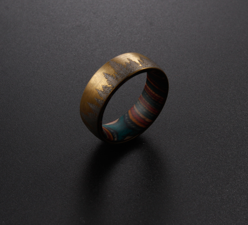 Bronze Etched Tree Line with Striped Wood Sleeve Tungsten Ring