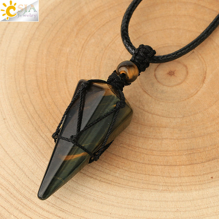 CSJA Natural Stone Cone Pendants Crystal Quartz Black Rope Wrapped Treatment Stones