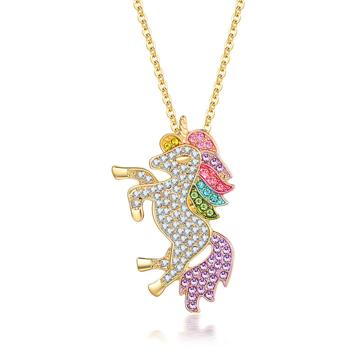 18K Gold Plated Magical Pony Unicorn Rainbow Pae Necklace