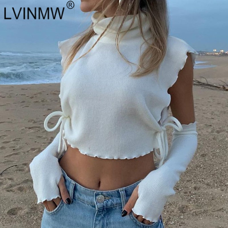 Turtleneck Rib Lace Up With Long Gloves Solid Knitted T-Shirt