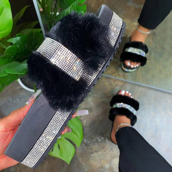 Luxury Designer Women Fur Rhinestone Slippers Platform Wedges Heel