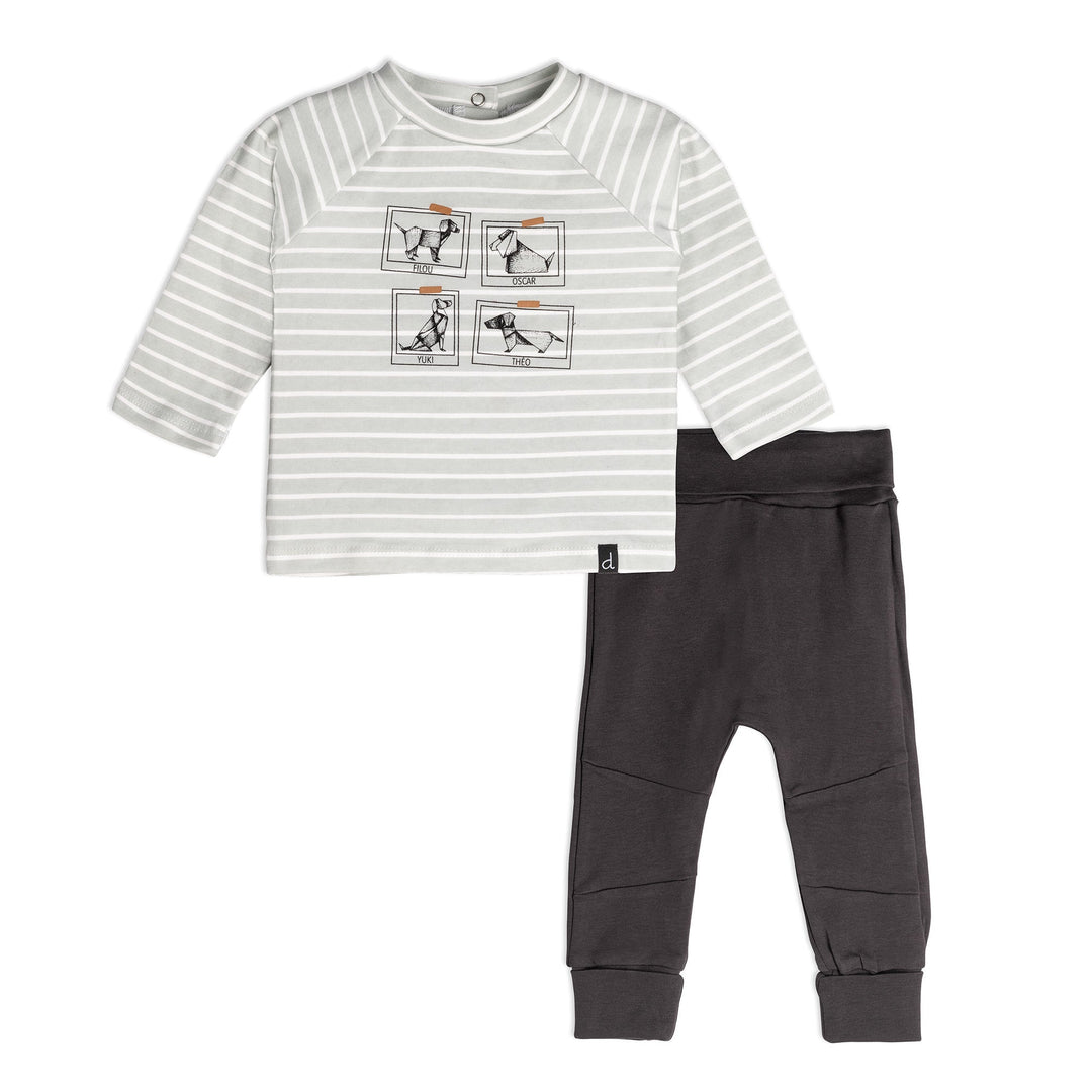 Organic Cotton Striped Top And Pant Set Green-Grey And Dark Grey