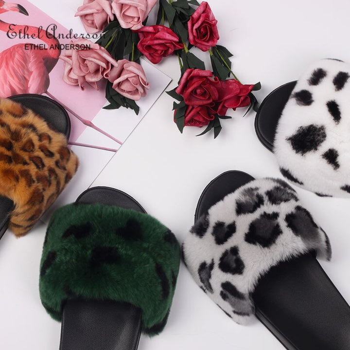 Women Real Rex Rabbit Fur Slippers