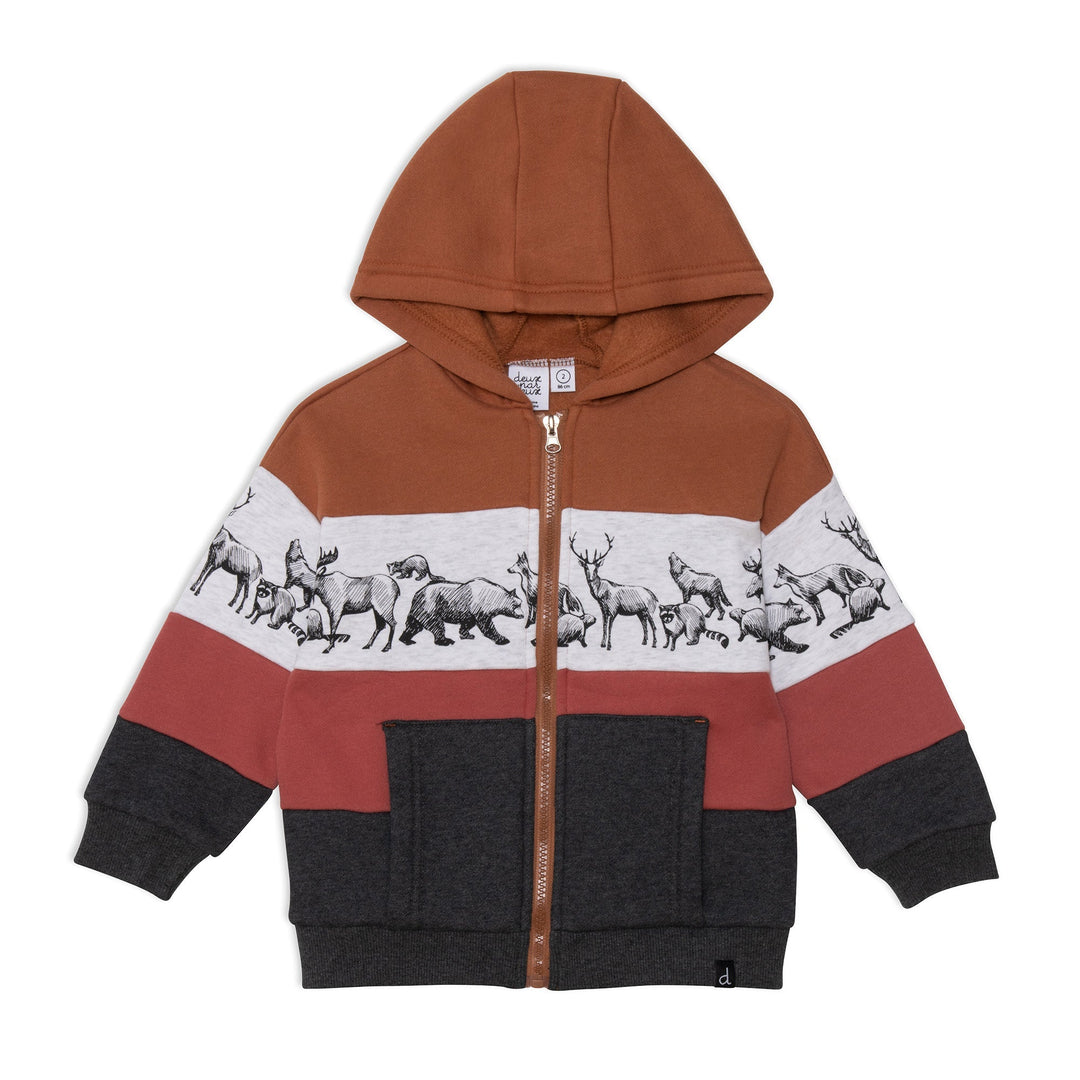 Hooded Fleece Cardigan With Zipper And Printed Animals