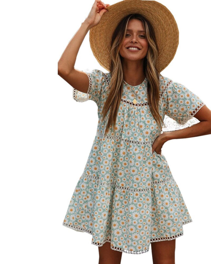 Woman Short Sleeve Floral Mini Dress