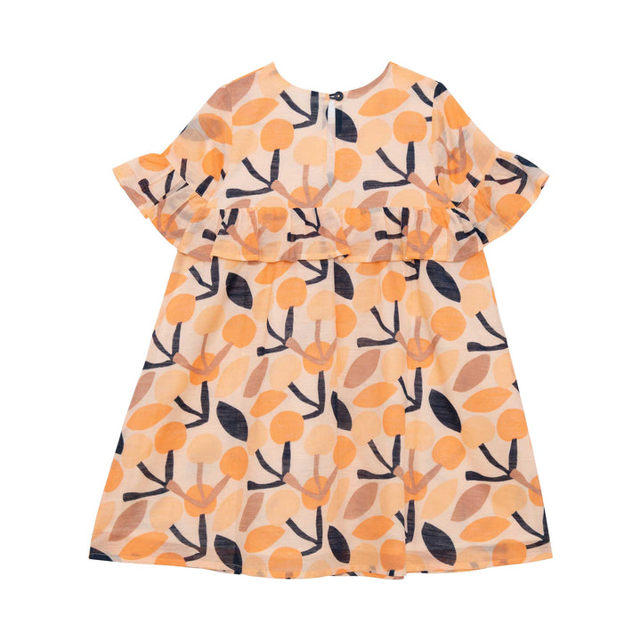 Cotton Printed Dress With Frill Peach Cherry