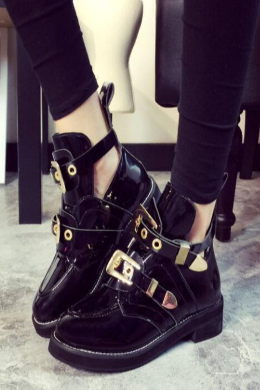 Cut Out Metal Buckle Strap Ankle Boots
