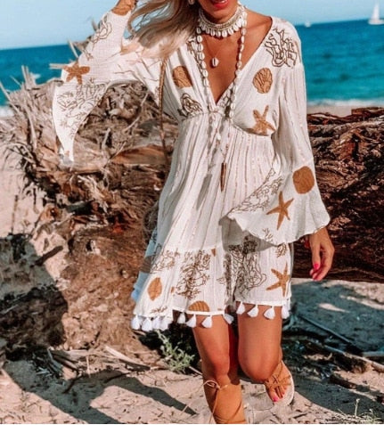 Women Starfish Flower Print Long Sleeve V-Neck Beach Bohemian Dress Tassel