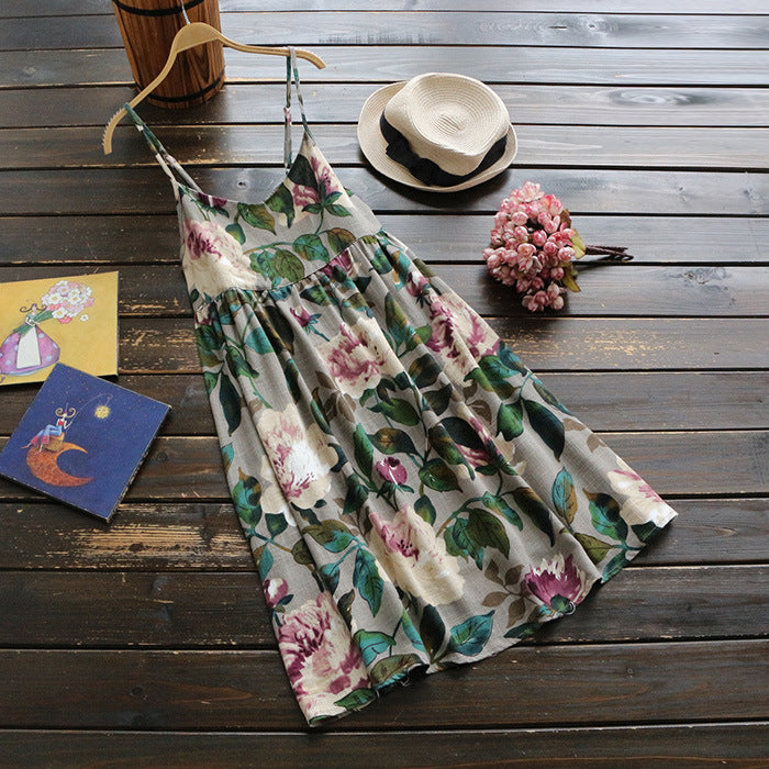 Summer National Flower Printed Cotton Short Dress