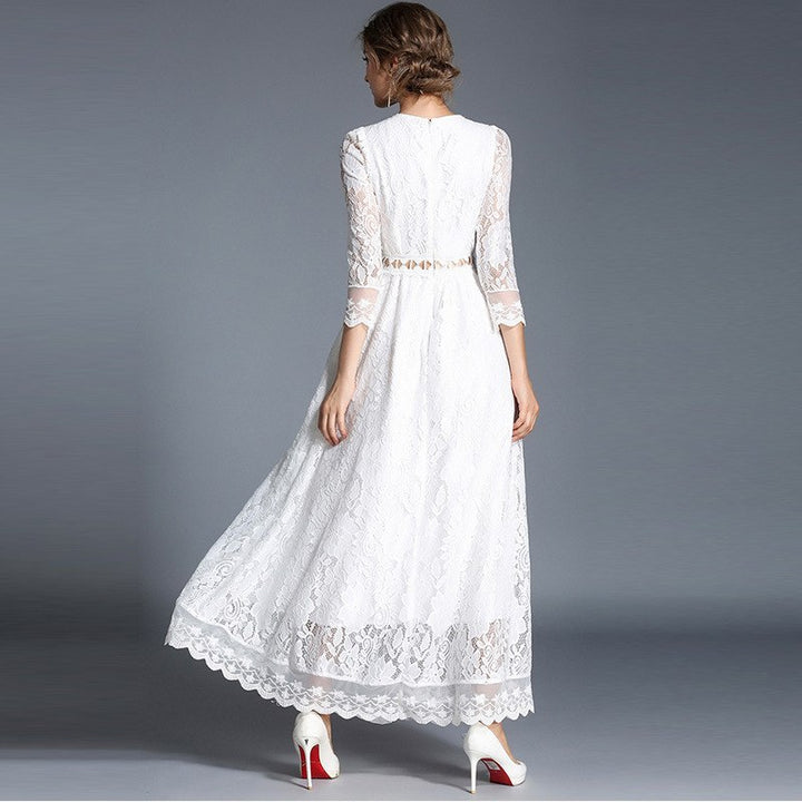 White Lace Dress with Sleeves - A Line Long Dress