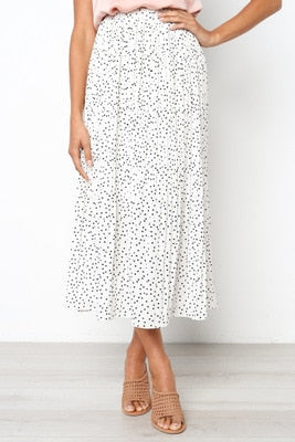 White Dots Floral Print Pleated Midi Skirt