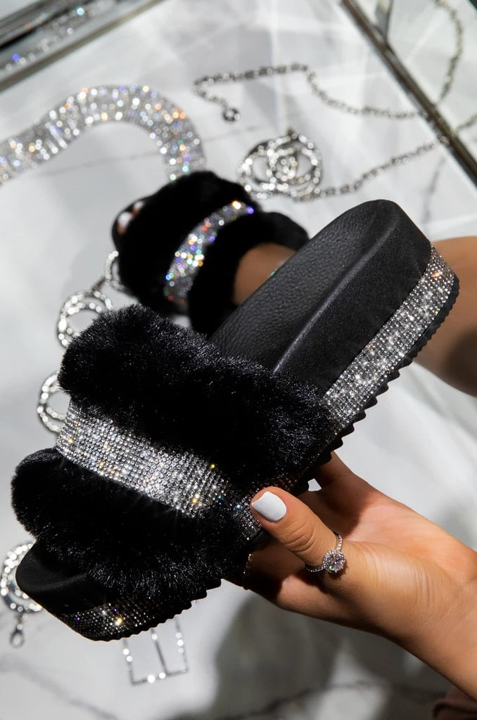 Luxury Designer Women Fur Rhinestone Slippers Platform Wedges Heel