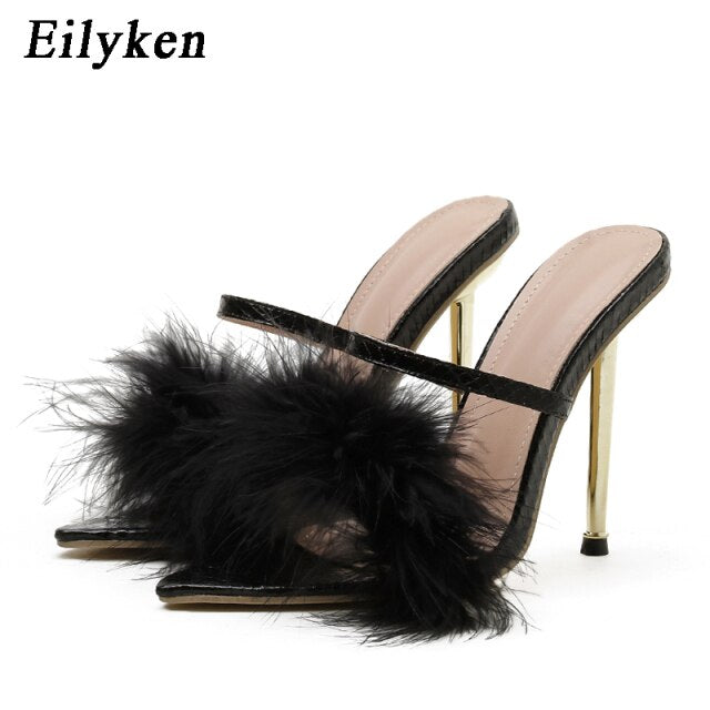 Women's Pointed Toe Furry Slippers Ladies Sandals