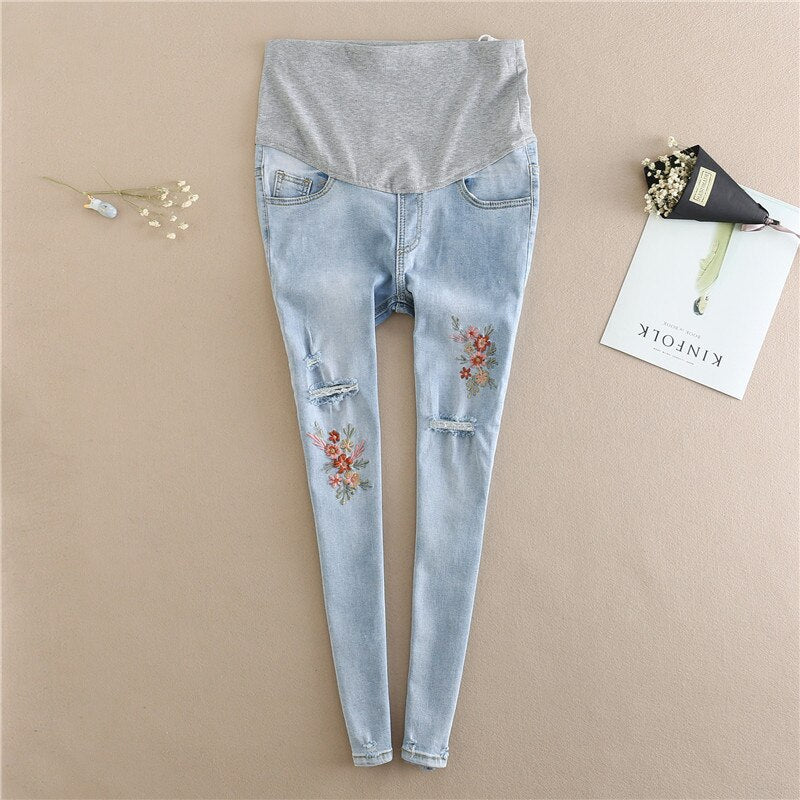 Embroidery Flower Denim Maternity Jeans