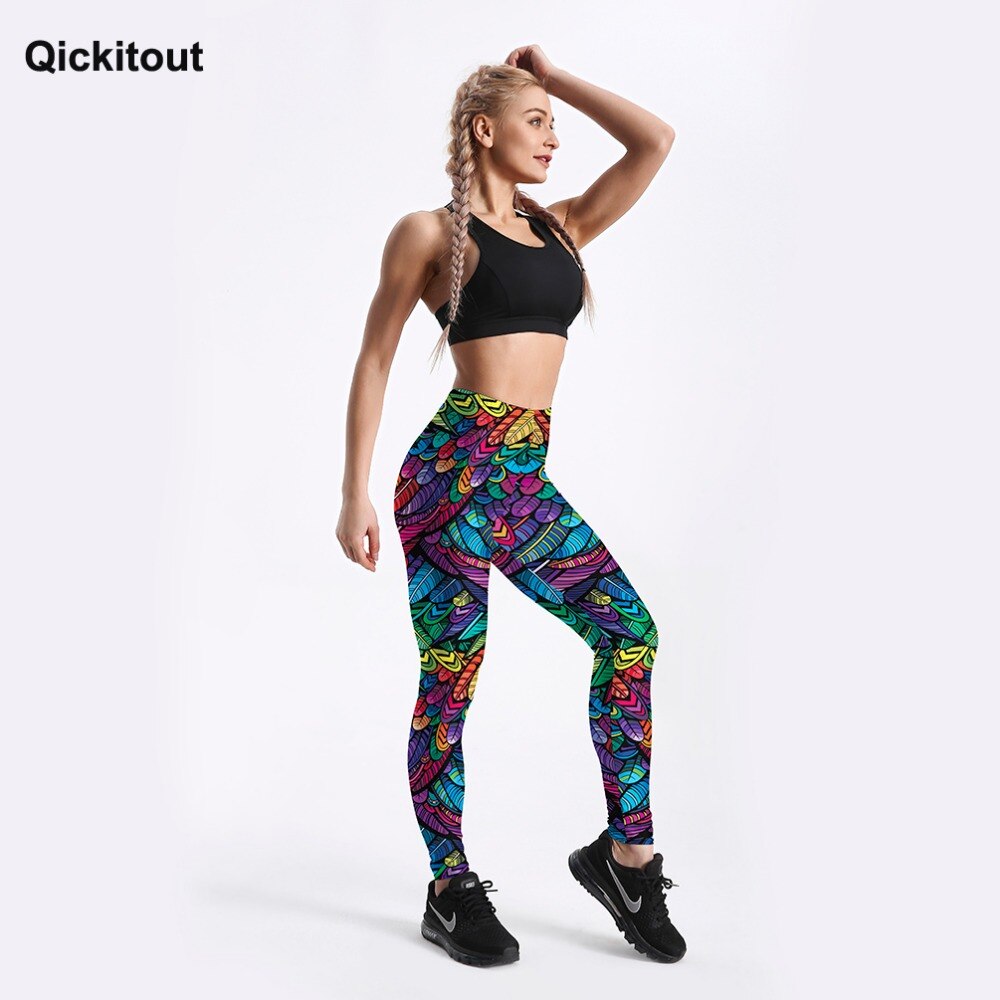 Qickitout Summer New Arriaval Color Feathers 3D Printed Women Fitness Activewear