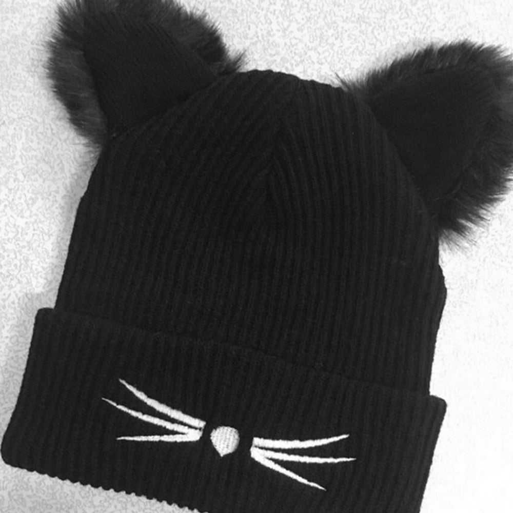 Warm Winter Hat For Women Wool Knitted Womens Cat Ears Kids Mink Hats