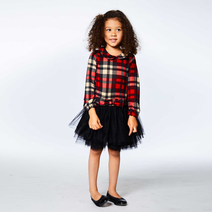 Plaid Dress With Long Sleeves And Mesh Skirt