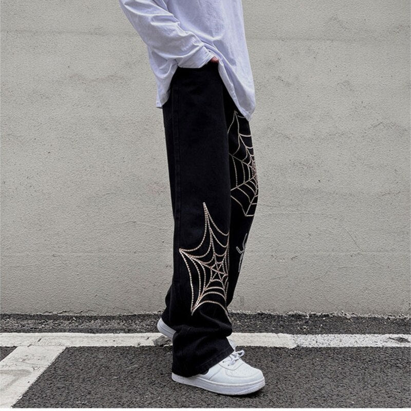 Men's Black Streetwear Spider Web Pants