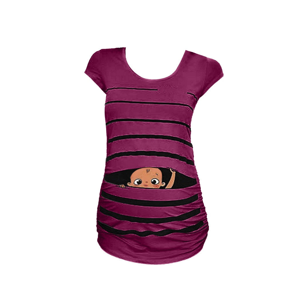 Sweet Cartoon Striped Pregnancy Summer T-shirt Tops