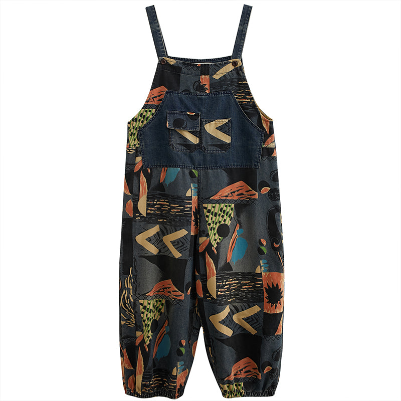 Abstract Print Denim Rompers