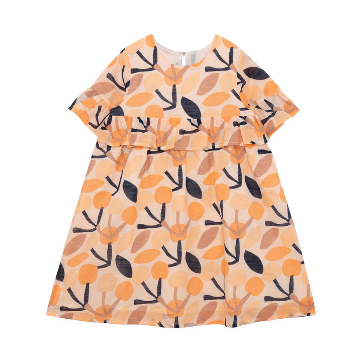Cotton Printed Dress With Frill Peach Cherry