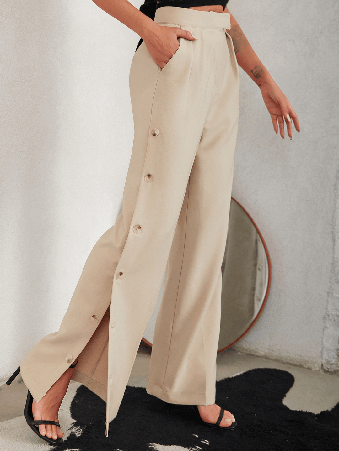 Side Button Pleated Wide Leg Pants